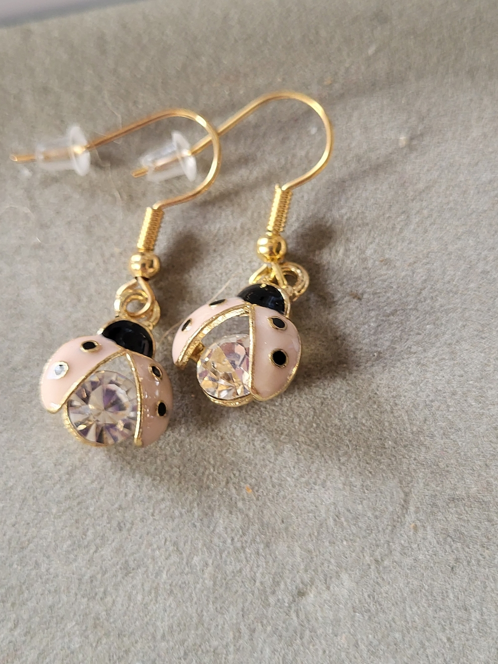 Gold-Tone Pink Ladybug Crystal Drop Earrings